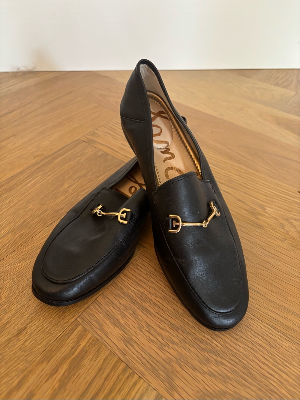 Sam Edelman. Black Leather Women’s Slip-On Loafers with Gold Horsebit